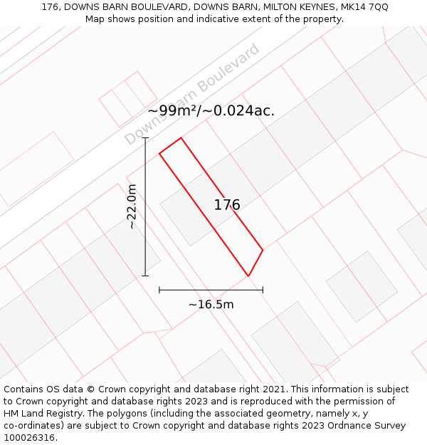 176, DOWNS BARN BOULEVARD, DOWNS BARN, MILTON KEYNES, MK14 7QQ: Plot and title map