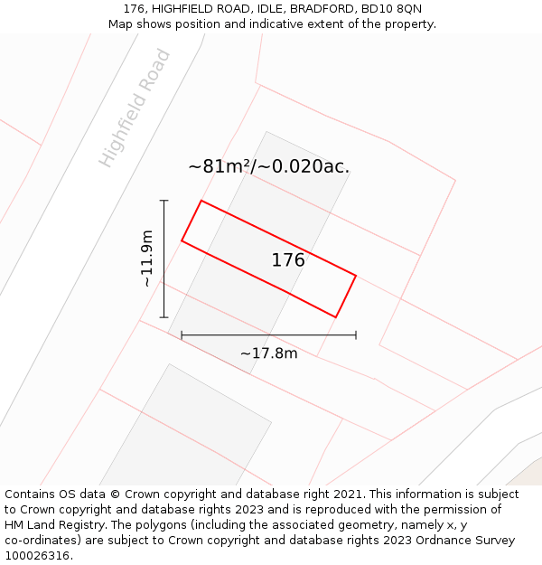 176, HIGHFIELD ROAD, IDLE, BRADFORD, BD10 8QN: Plot and title map