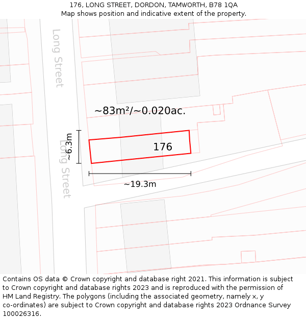 176, LONG STREET, DORDON, TAMWORTH, B78 1QA: Plot and title map