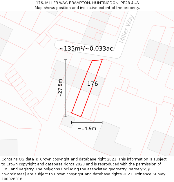 176, MILLER WAY, BRAMPTON, HUNTINGDON, PE28 4UA: Plot and title map