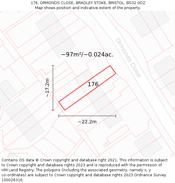 176, ORMONDS CLOSE, BRADLEY STOKE, BRISTOL, BS32 0DZ: Plot and title map