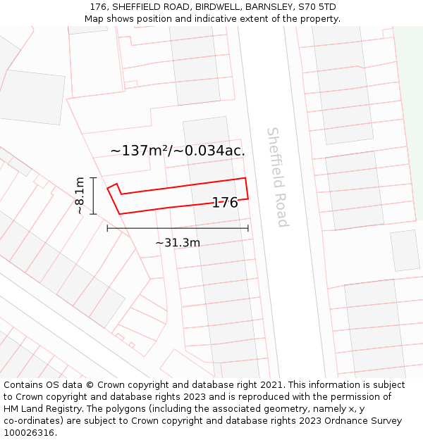 176, SHEFFIELD ROAD, BIRDWELL, BARNSLEY, S70 5TD: Plot and title map