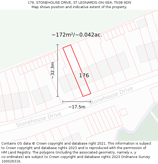 176, STONEHOUSE DRIVE, ST LEONARDS-ON-SEA, TN38 9DN: Plot and title map