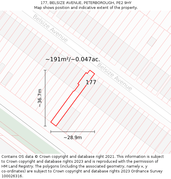 177, BELSIZE AVENUE, PETERBOROUGH, PE2 9HY: Plot and title map
