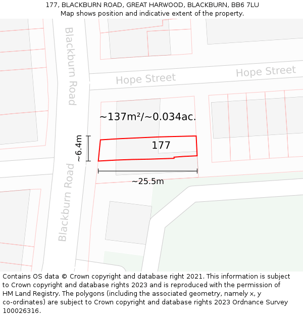 177, BLACKBURN ROAD, GREAT HARWOOD, BLACKBURN, BB6 7LU: Plot and title map