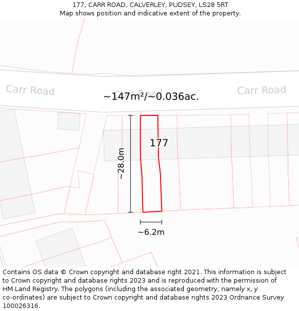 177, CARR ROAD, CALVERLEY, PUDSEY, LS28 5RT: Plot and title map