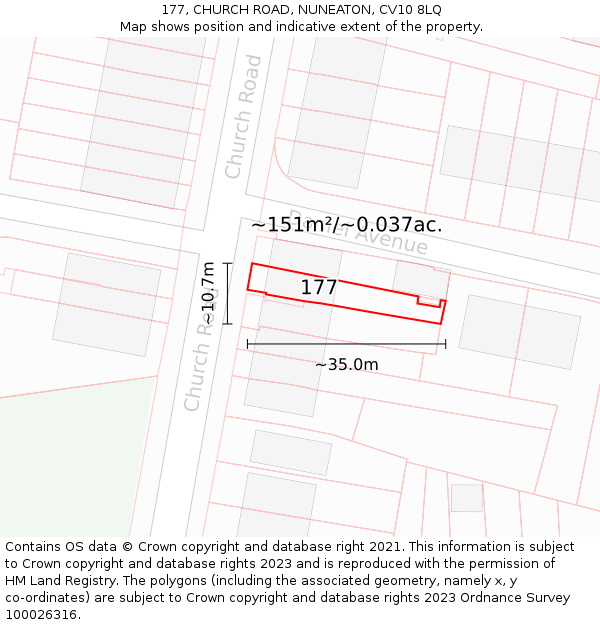 177, CHURCH ROAD, NUNEATON, CV10 8LQ: Plot and title map