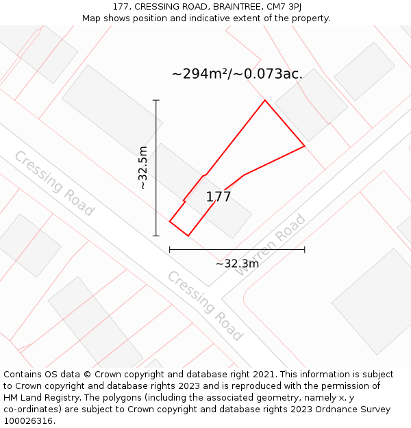 177, CRESSING ROAD, BRAINTREE, CM7 3PJ: Plot and title map