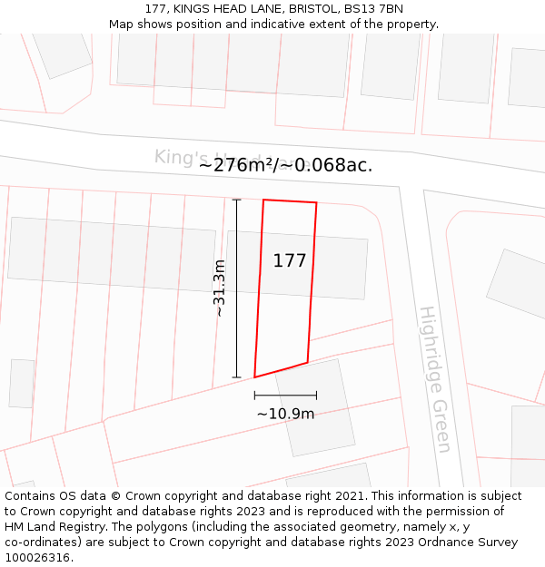 177, KINGS HEAD LANE, BRISTOL, BS13 7BN: Plot and title map