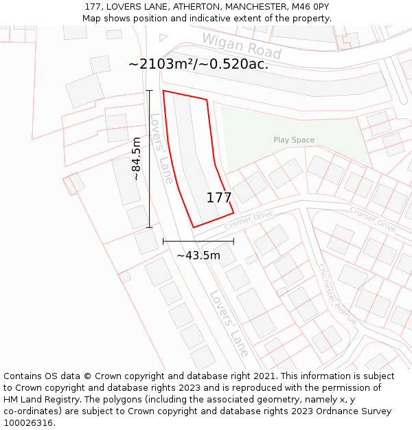 177, LOVERS LANE, ATHERTON, MANCHESTER, M46 0PY: Plot and title map