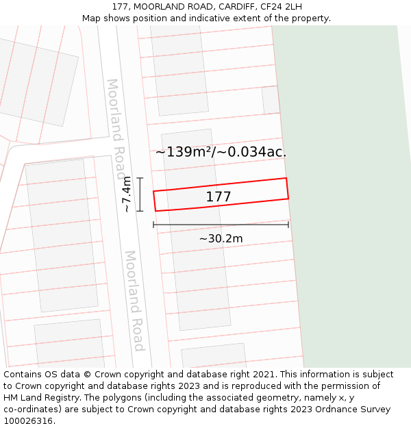 177, MOORLAND ROAD, CARDIFF, CF24 2LH: Plot and title map