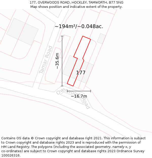 177, OVERWOODS ROAD, HOCKLEY, TAMWORTH, B77 5NG: Plot and title map