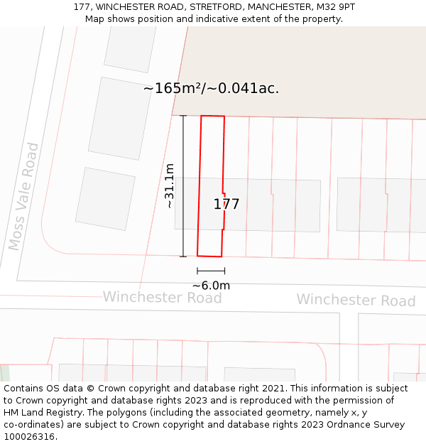 177, WINCHESTER ROAD, STRETFORD, MANCHESTER, M32 9PT: Plot and title map