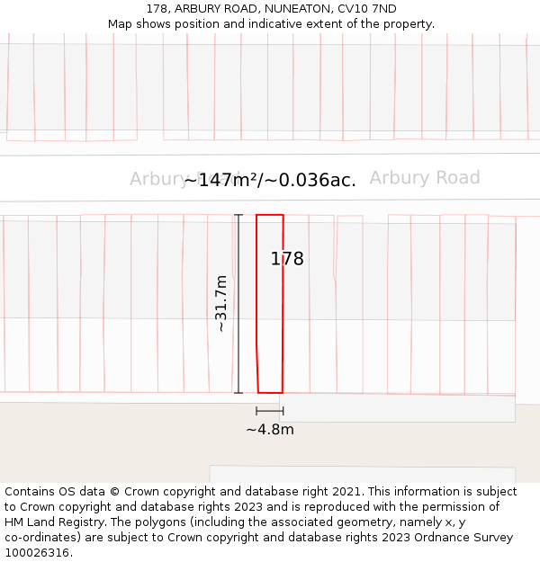 178, ARBURY ROAD, NUNEATON, CV10 7ND: Plot and title map