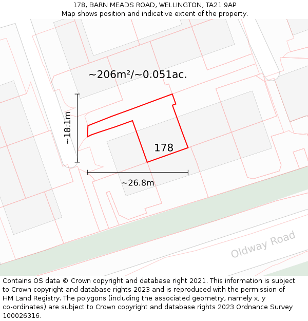 178, BARN MEADS ROAD, WELLINGTON, TA21 9AP: Plot and title map