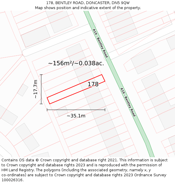 178, BENTLEY ROAD, DONCASTER, DN5 9QW: Plot and title map