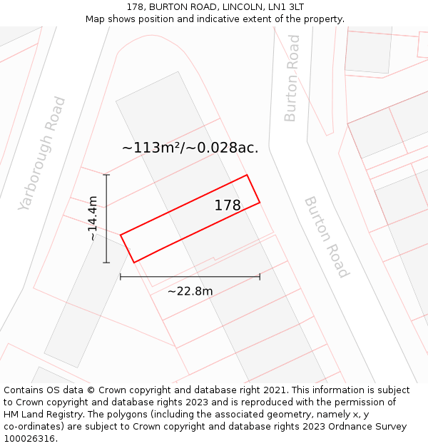 178, BURTON ROAD, LINCOLN, LN1 3LT: Plot and title map