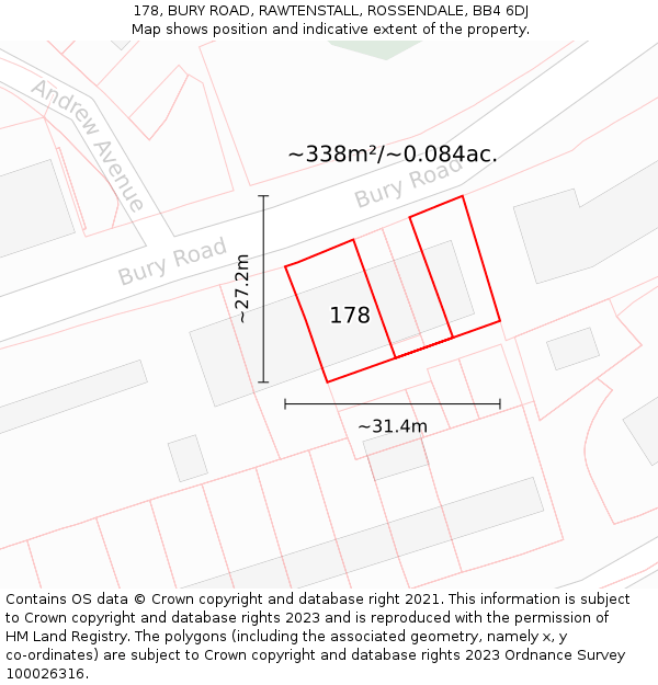 178, BURY ROAD, RAWTENSTALL, ROSSENDALE, BB4 6DJ: Plot and title map