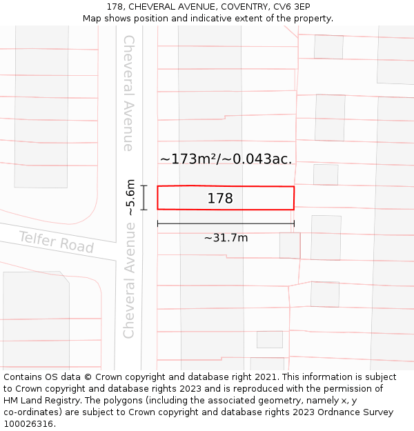178, CHEVERAL AVENUE, COVENTRY, CV6 3EP: Plot and title map