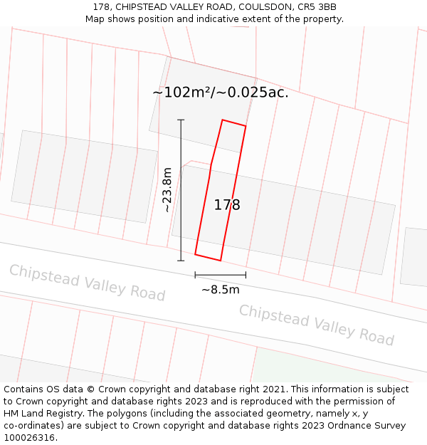 178, CHIPSTEAD VALLEY ROAD, COULSDON, CR5 3BB: Plot and title map