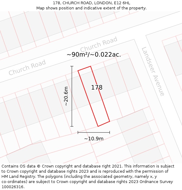 178, CHURCH ROAD, LONDON, E12 6HL: Plot and title map