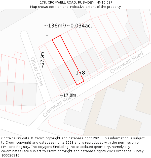 178, CROMWELL ROAD, RUSHDEN, NN10 0EF: Plot and title map