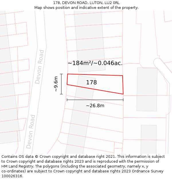 178, DEVON ROAD, LUTON, LU2 0RL: Plot and title map