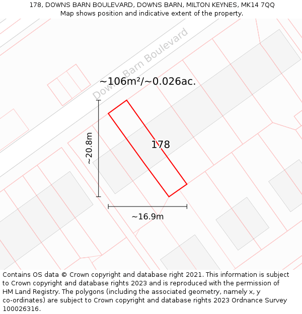 178, DOWNS BARN BOULEVARD, DOWNS BARN, MILTON KEYNES, MK14 7QQ: Plot and title map