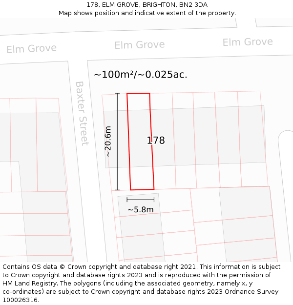 178, ELM GROVE, BRIGHTON, BN2 3DA: Plot and title map