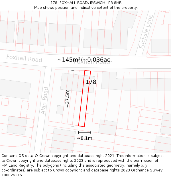 178, FOXHALL ROAD, IPSWICH, IP3 8HR: Plot and title map