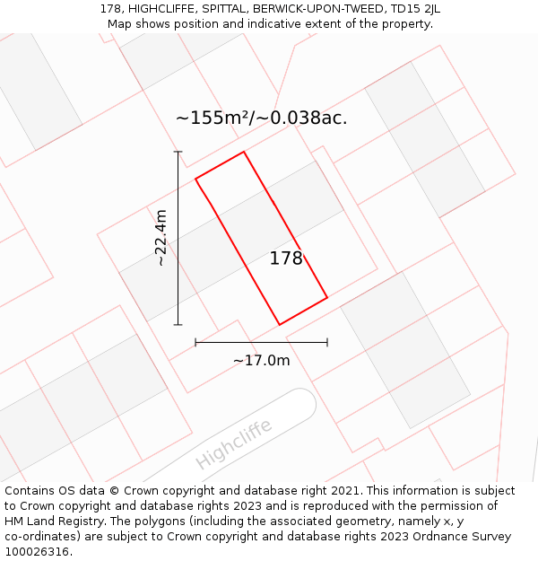 178, HIGHCLIFFE, SPITTAL, BERWICK-UPON-TWEED, TD15 2JL: Plot and title map