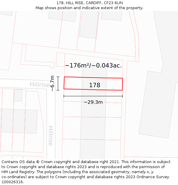 178, HILL RISE, CARDIFF, CF23 6UN: Plot and title map