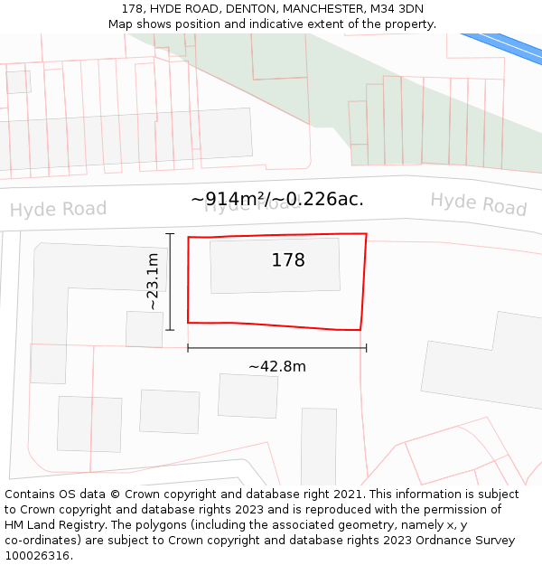 178, HYDE ROAD, DENTON, MANCHESTER, M34 3DN: Plot and title map