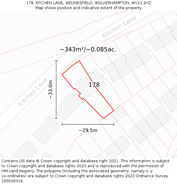 178, KITCHEN LANE, WEDNESFIELD, WOLVERHAMPTON, WV11 2HZ: Plot and title map