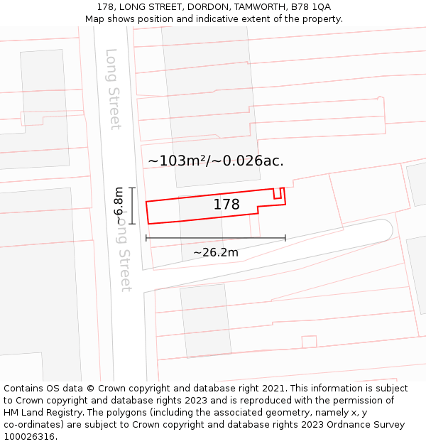 178, LONG STREET, DORDON, TAMWORTH, B78 1QA: Plot and title map