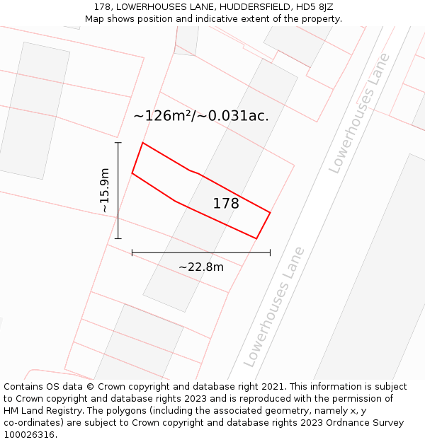 178, LOWERHOUSES LANE, HUDDERSFIELD, HD5 8JZ: Plot and title map