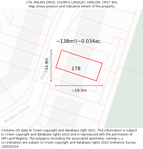 178, MALKIN DRIVE, CHURCH LANGLEY, HARLOW, CM17 9HL: Plot and title map