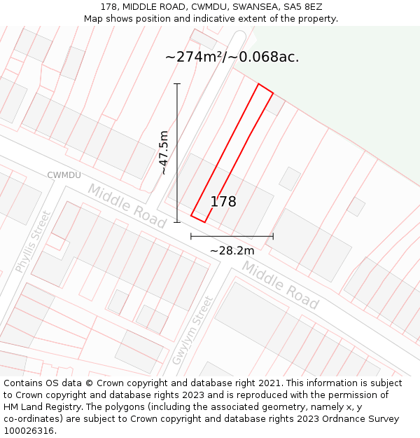 178, MIDDLE ROAD, CWMDU, SWANSEA, SA5 8EZ: Plot and title map