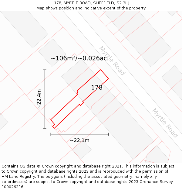 178, MYRTLE ROAD, SHEFFIELD, S2 3HJ: Plot and title map