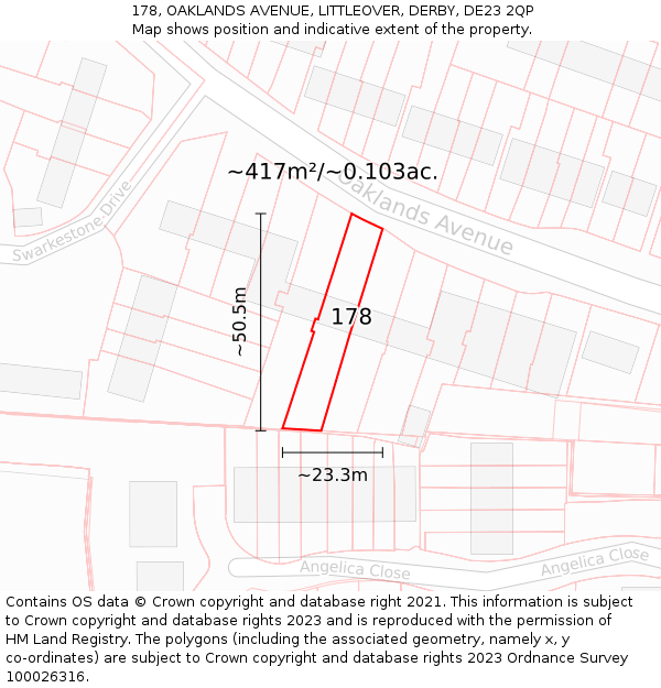 178, OAKLANDS AVENUE, LITTLEOVER, DERBY, DE23 2QP: Plot and title map