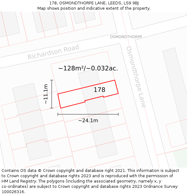 178, OSMONDTHORPE LANE, LEEDS, LS9 9BJ: Plot and title map