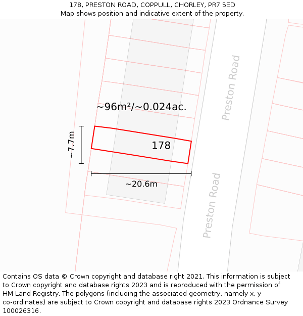 178, PRESTON ROAD, COPPULL, CHORLEY, PR7 5ED: Plot and title map