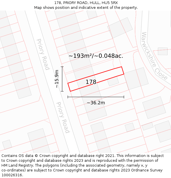 178, PRIORY ROAD, HULL, HU5 5RX: Plot and title map