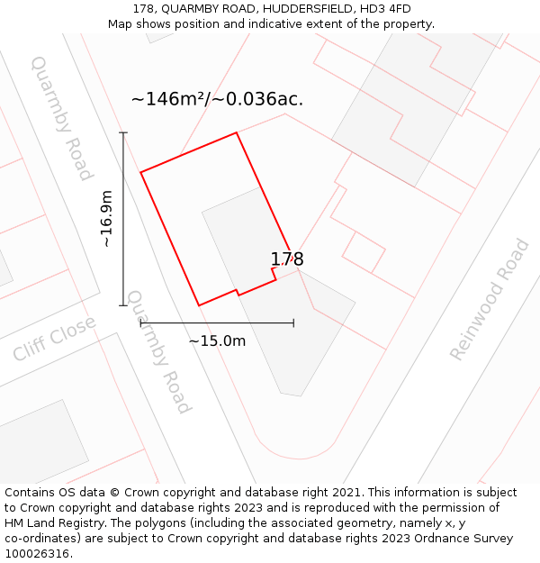 178, QUARMBY ROAD, HUDDERSFIELD, HD3 4FD: Plot and title map