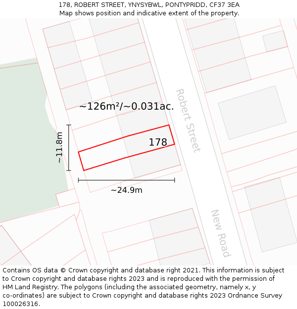 178, ROBERT STREET, YNYSYBWL, PONTYPRIDD, CF37 3EA: Plot and title map