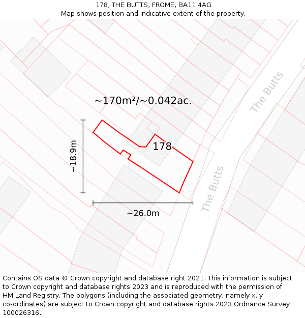 178, THE BUTTS, FROME, BA11 4AG: Plot and title map