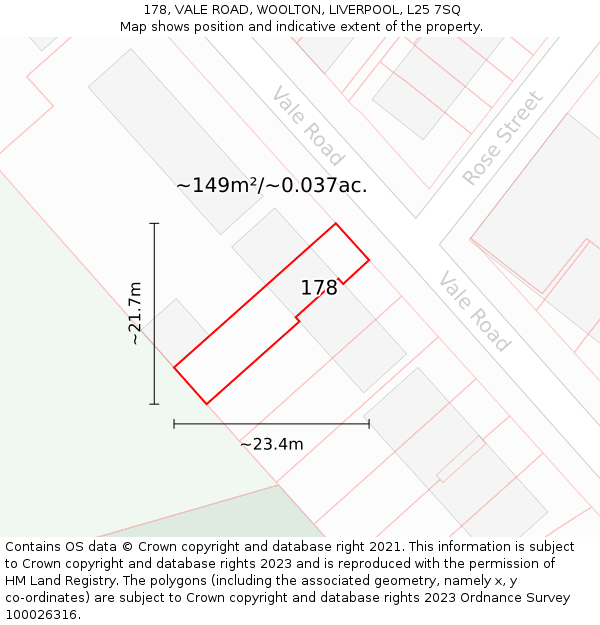 178, VALE ROAD, WOOLTON, LIVERPOOL, L25 7SQ: Plot and title map