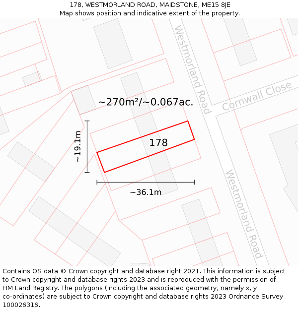 178, WESTMORLAND ROAD, MAIDSTONE, ME15 8JE: Plot and title map