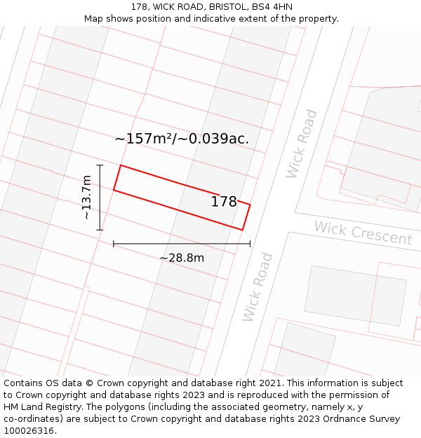 178, WICK ROAD, BRISTOL, BS4 4HN: Plot and title map