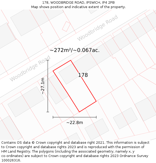 178, WOODBRIDGE ROAD, IPSWICH, IP4 2PB: Plot and title map